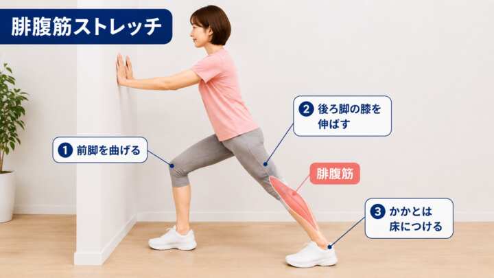 腓腹筋を伸ばす壁を使ったふくらはぎストレッチのやり方