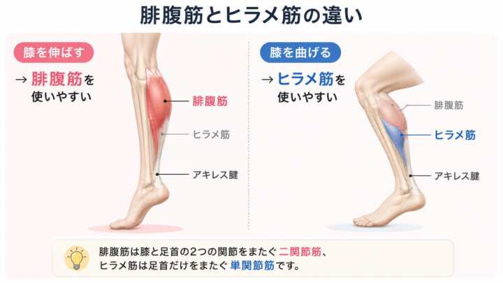 膝の伸ばし方による腓腹筋とヒラメ筋の使われ方の違い
